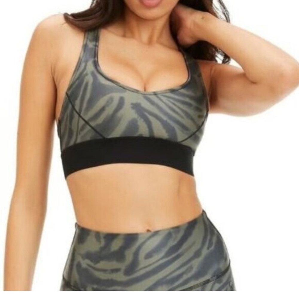 Good American Olive Green Black Zebra Print Sports Bra